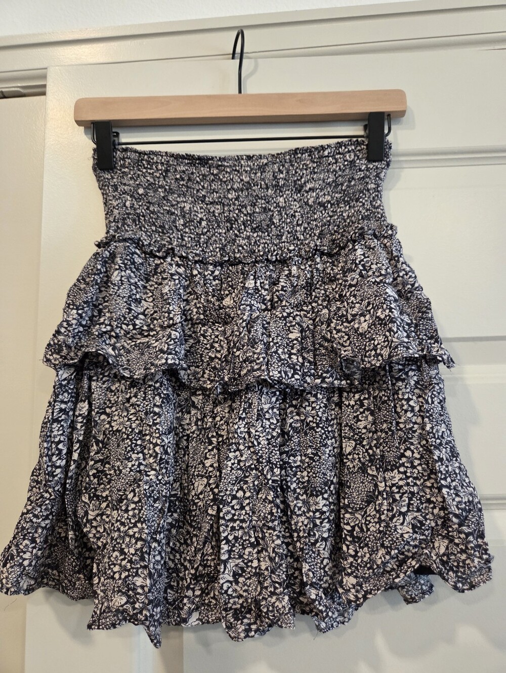 Anthropologie Smocked Waist Tiered Floral Skirt - Black & White